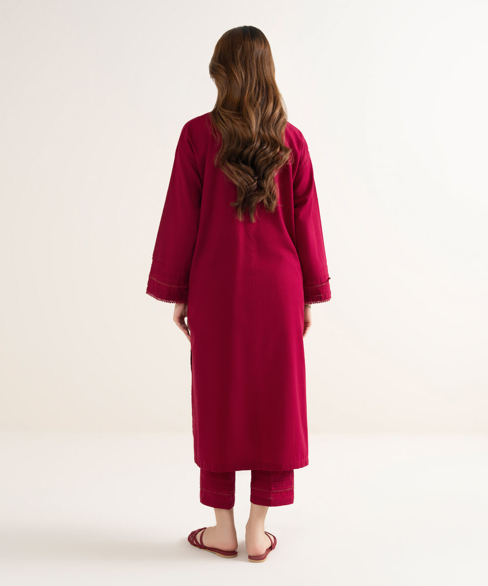 Women's RTW Textured Cotton Solid Drop Shoulder Red Shirt