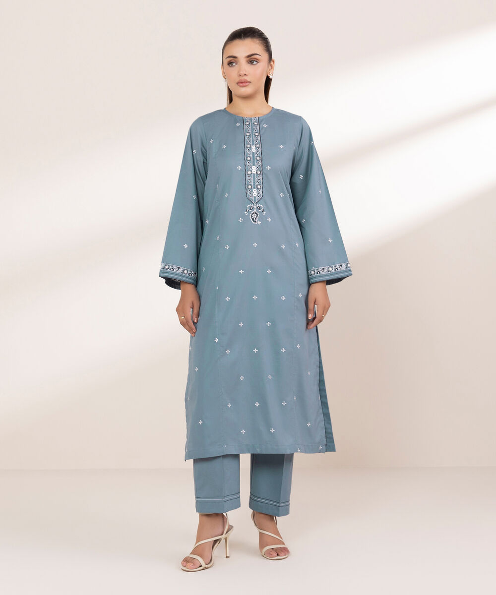 Women's RTW Textured Lawn Blue Embroidered A-Line Shirt