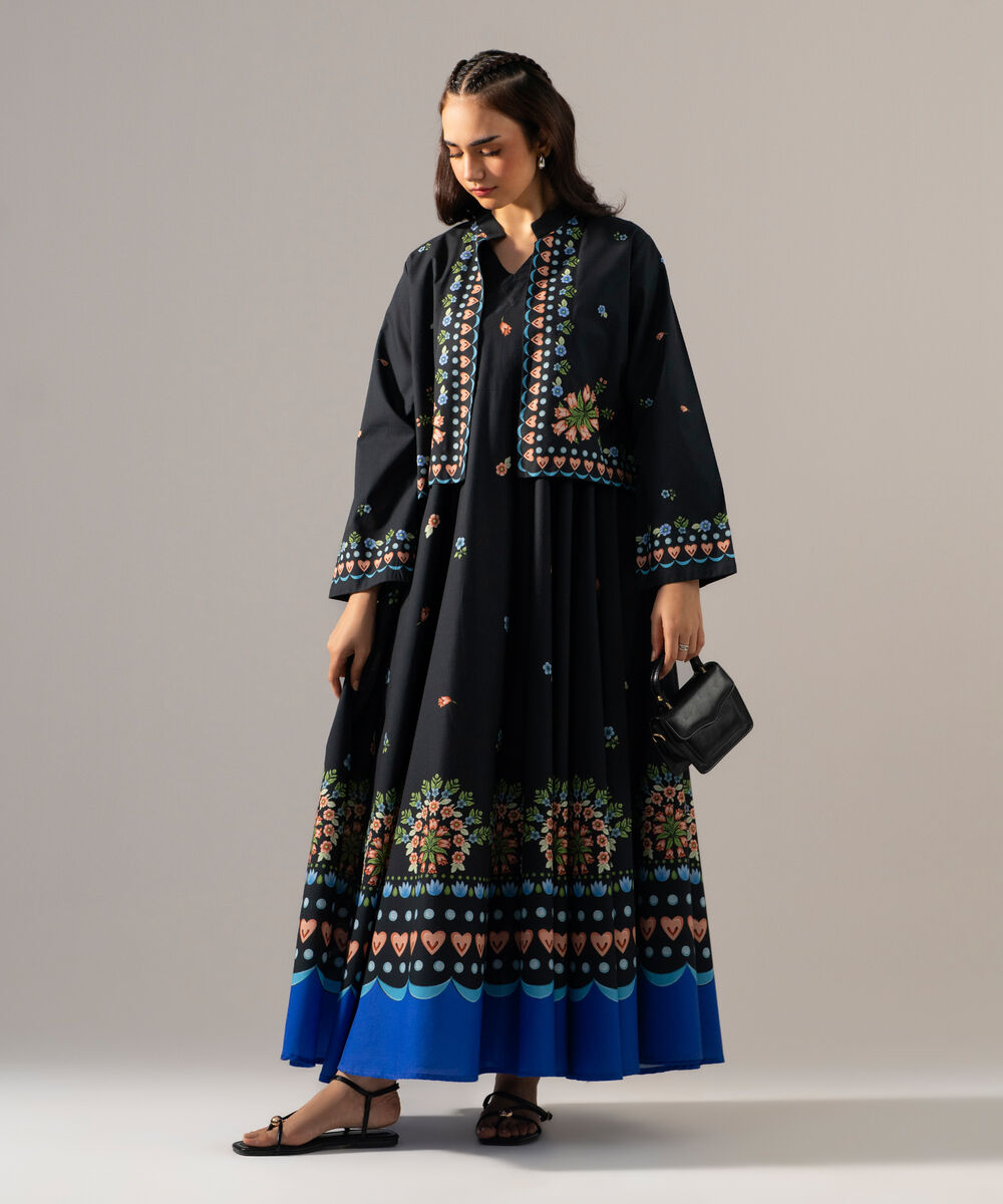 Women's RTW Cambric Printed Black Waist Coat