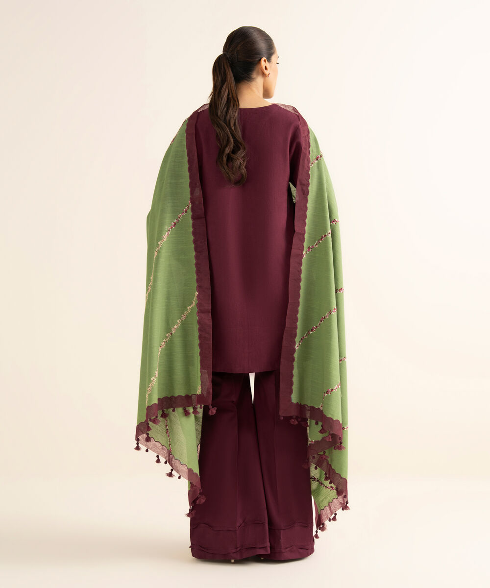 Women's Unstitched Cotton Jacquard Embroidered Red 3 Piece Suit