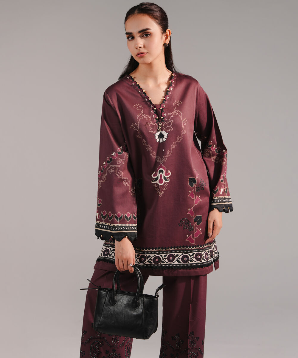 Women's RTW Cotton Satin Printed Brown Straight Shirt