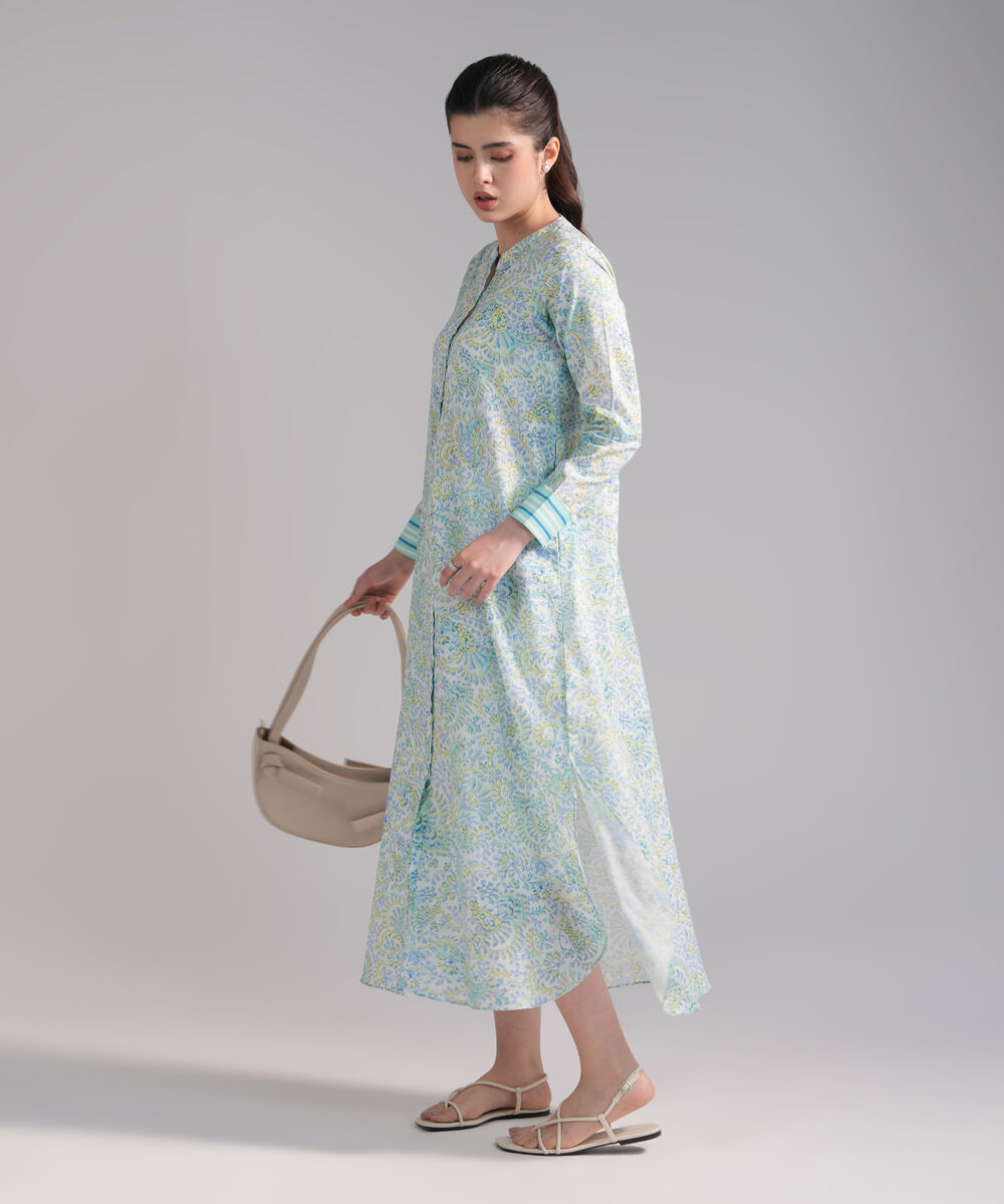 Women's RTW Slub Lawn Printed Blue Straight Shirt