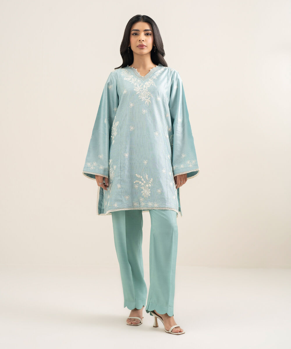 Women's RTW Silk Cotton Net Embroidered Blue 2 Piece Suit