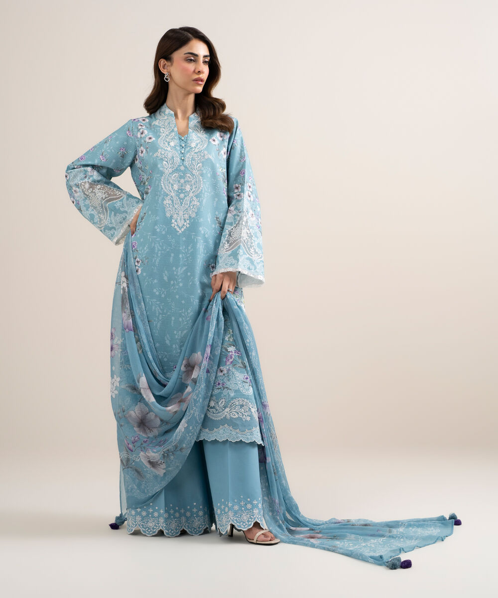 Women's Unstitched Dobby Embroidered Blue 3 Piece Suit