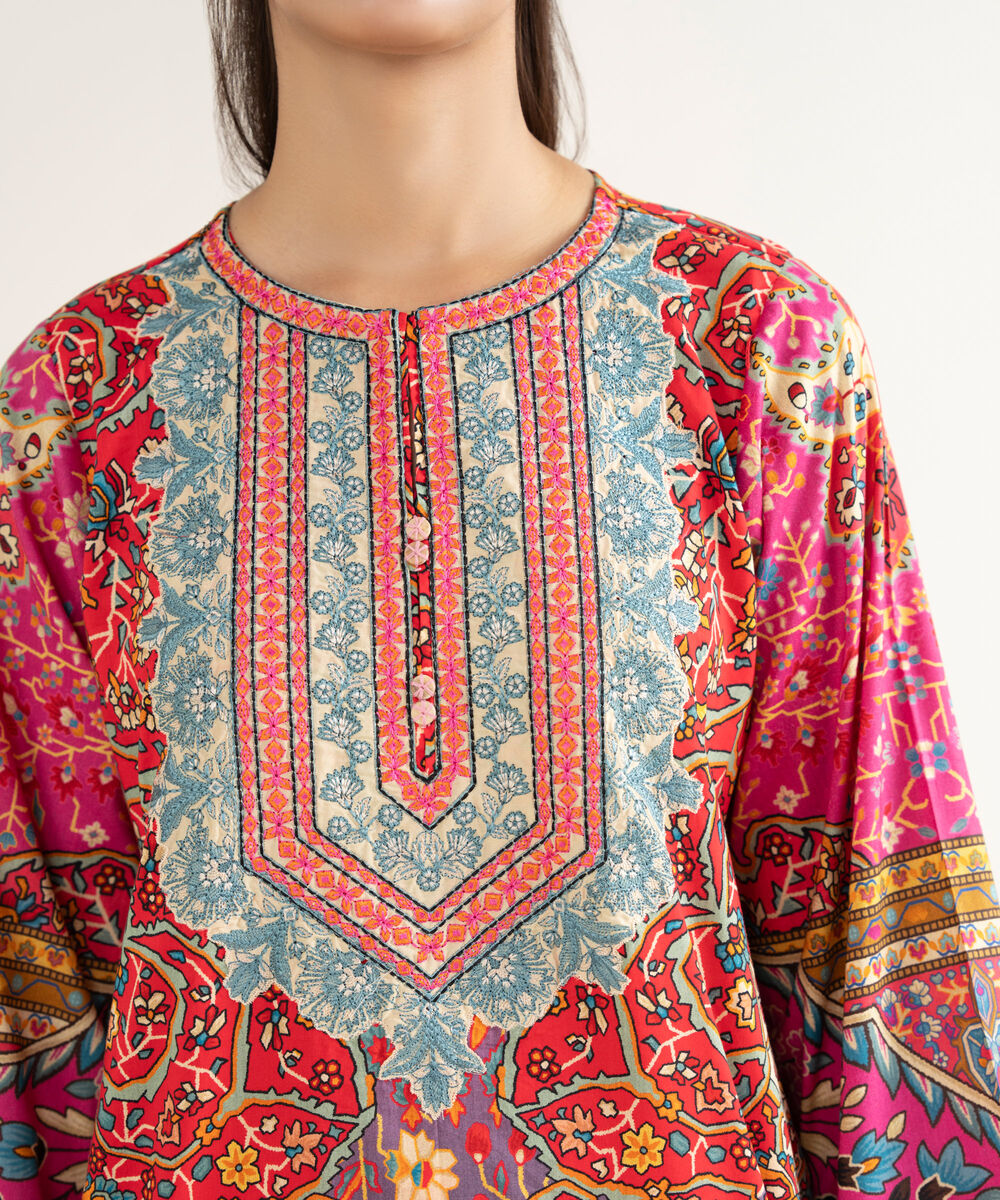 Women's RTW Linen Viscose Embroidered Red Straight Shirt