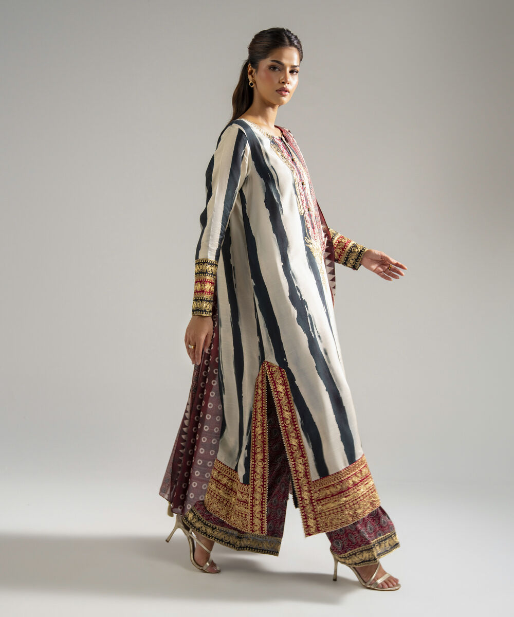 Women's RTW Bright Raw Silk Embroidered Off White 3 Piece Suit
