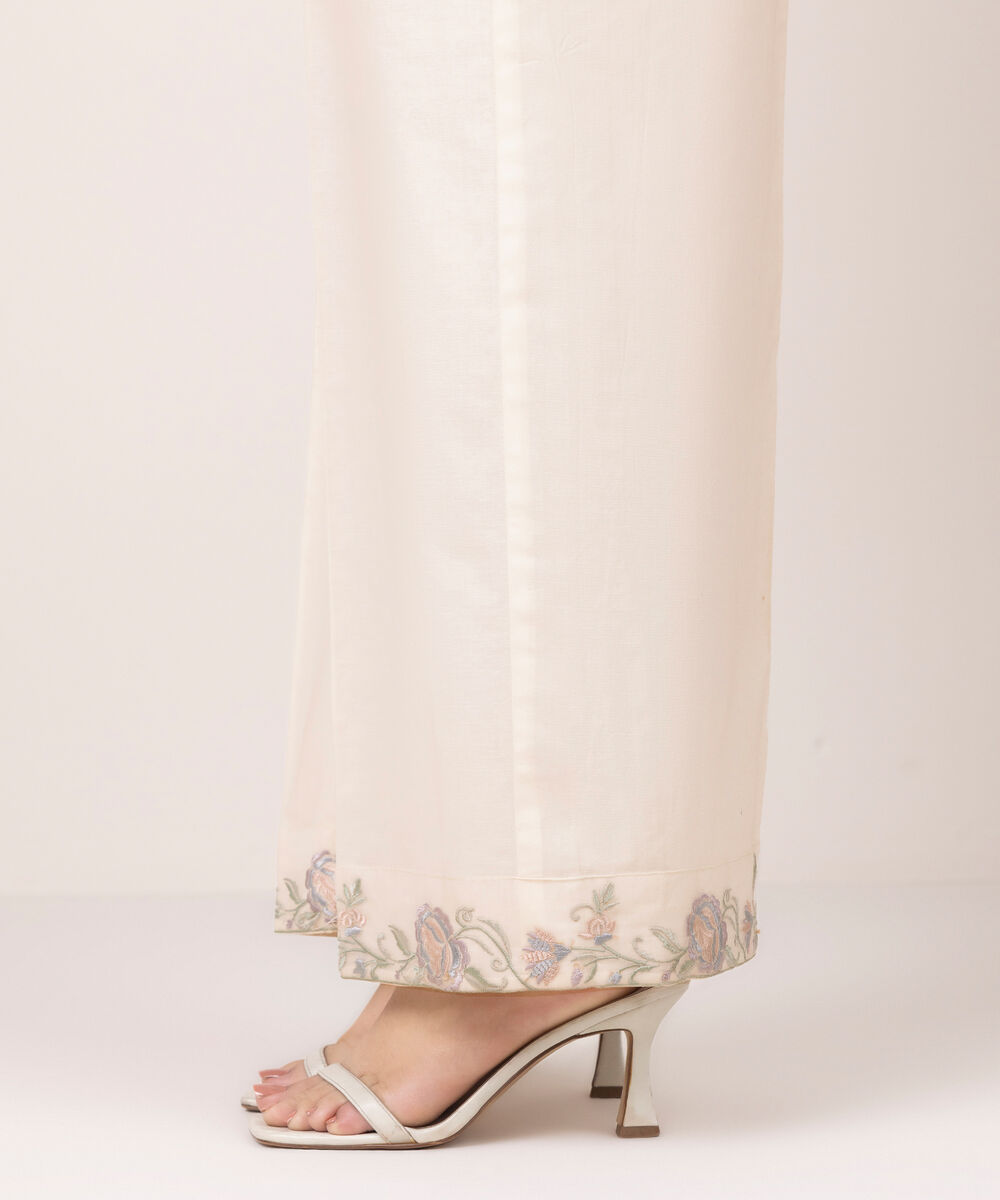 Women's RTW Cambric Embroidered Off White Flared Pants