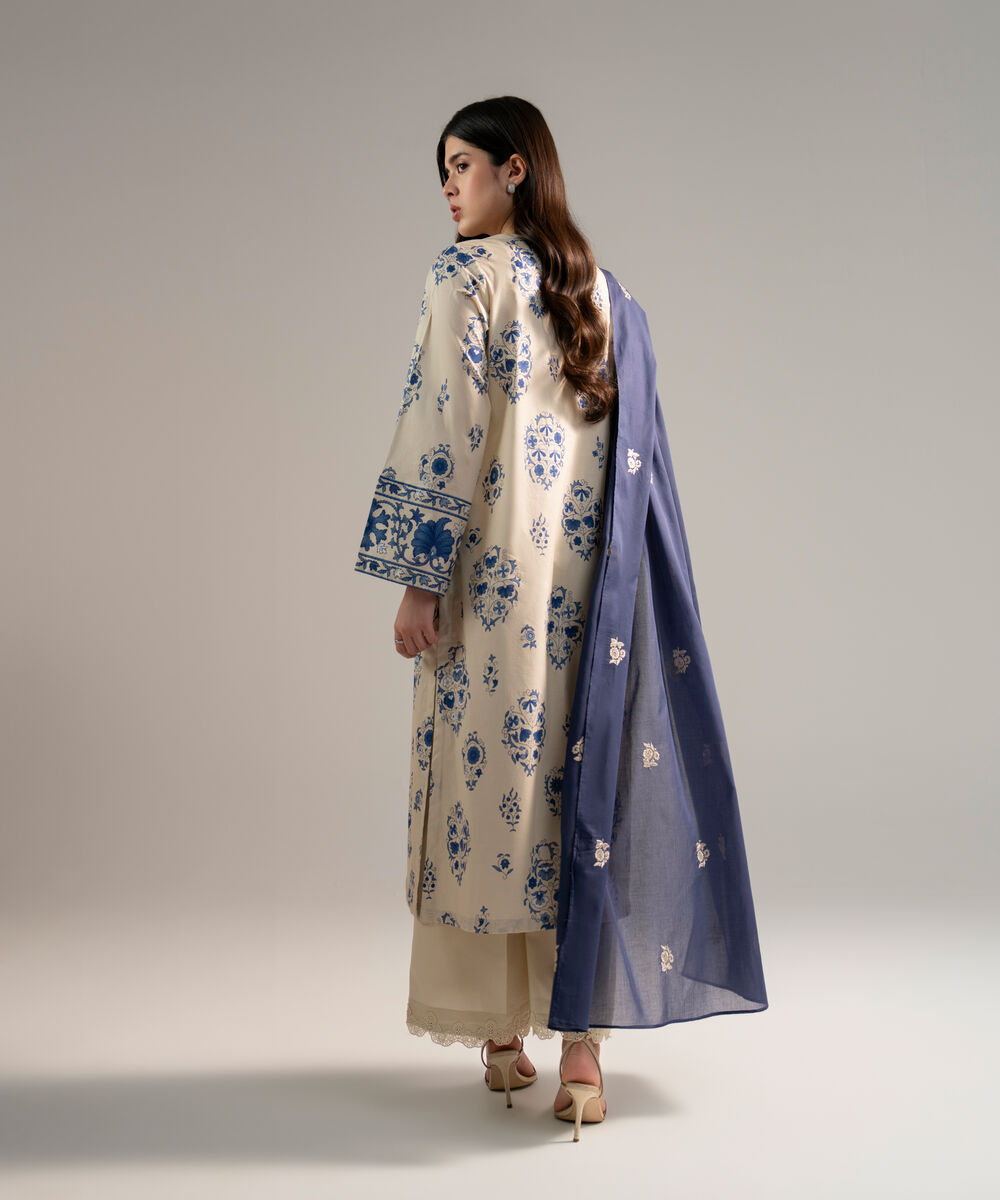 Women's RTW Pima Cotton Printed Off White 3 Piece Suit