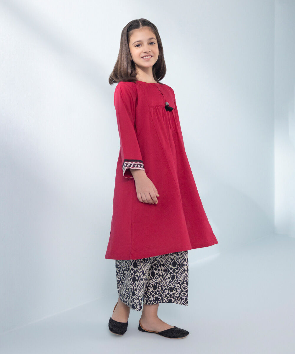 Girls - Red 2 Piece - Embroidered Cambric Suit