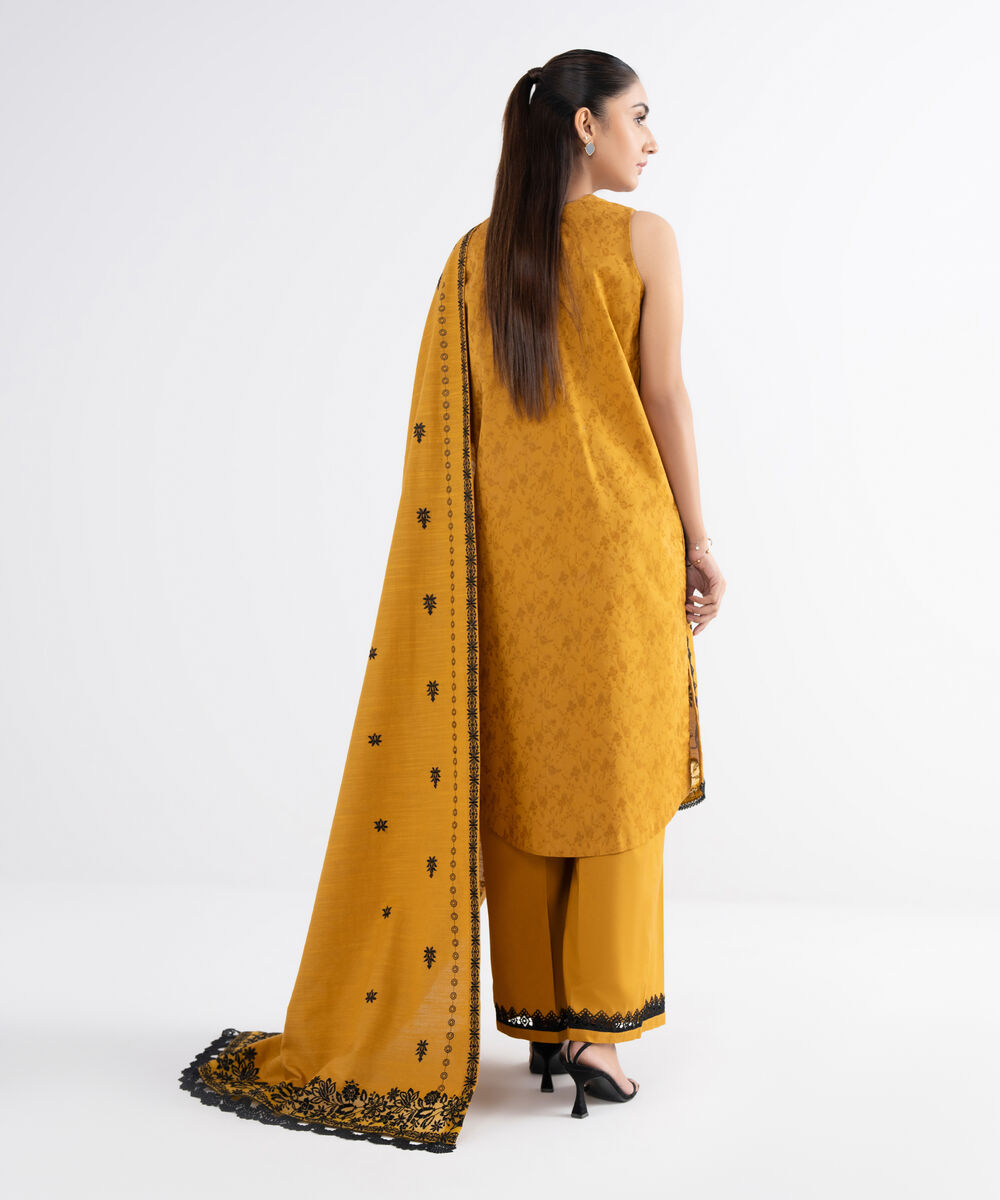 Women's Unstitched Cotton Jacquard Embroidered Yellow 3 Piece Suit