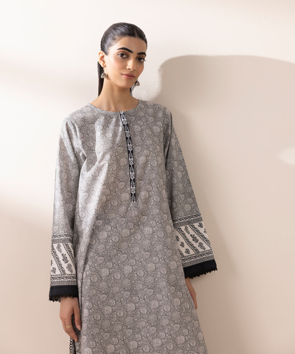 Women's RTW Cambric Grey Printed A-Line Shirt