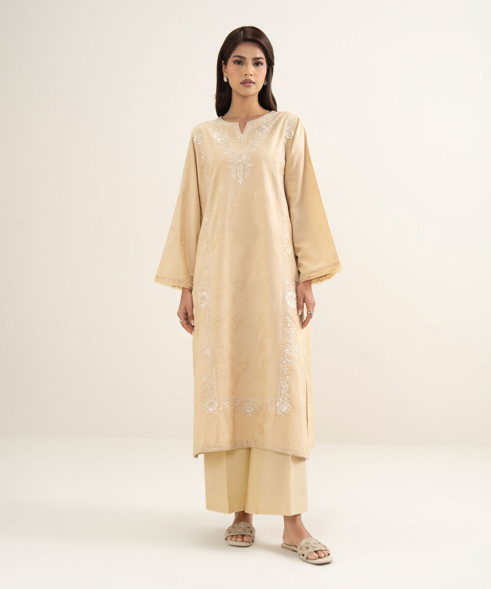 Women's RTW Self Jacquard Embroidered Beige A-Line Shirt