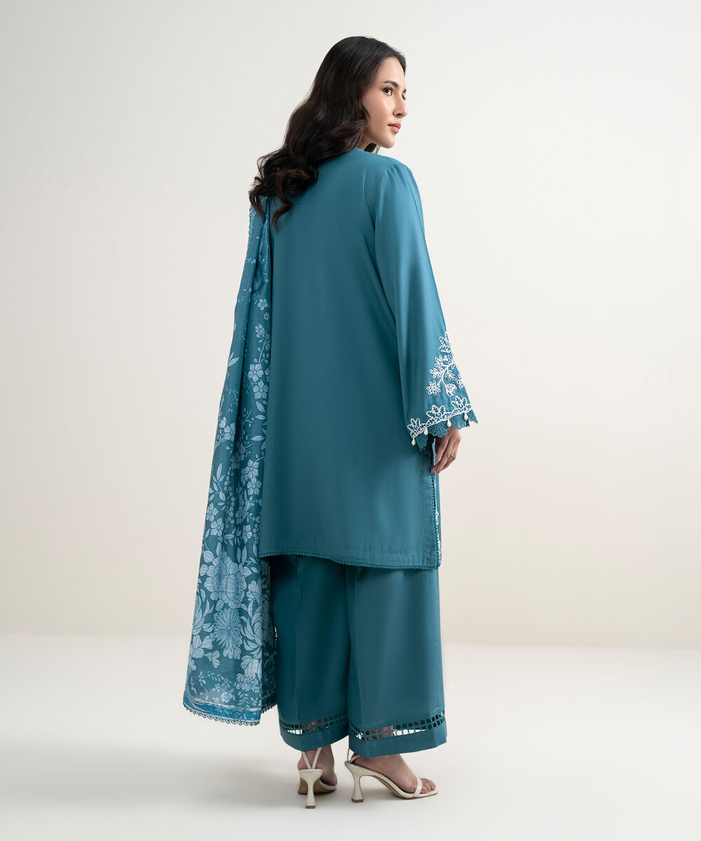 Women's RTW Raw Silk Viscose Embroidered Blue 3 Piece Suit