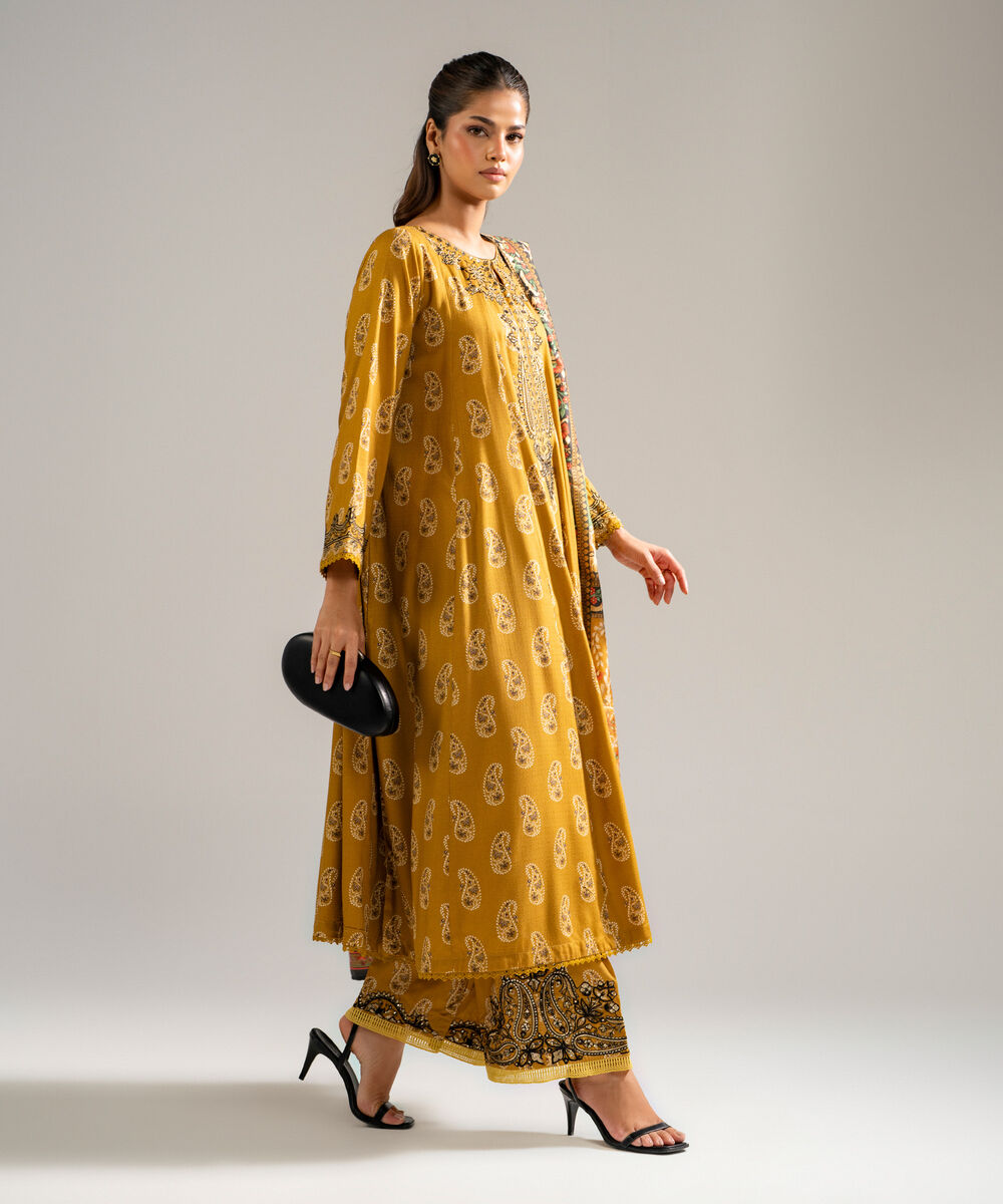 Women's RTW Arabic Dobby Embroidered Mustard Brown 3 Piece Suit