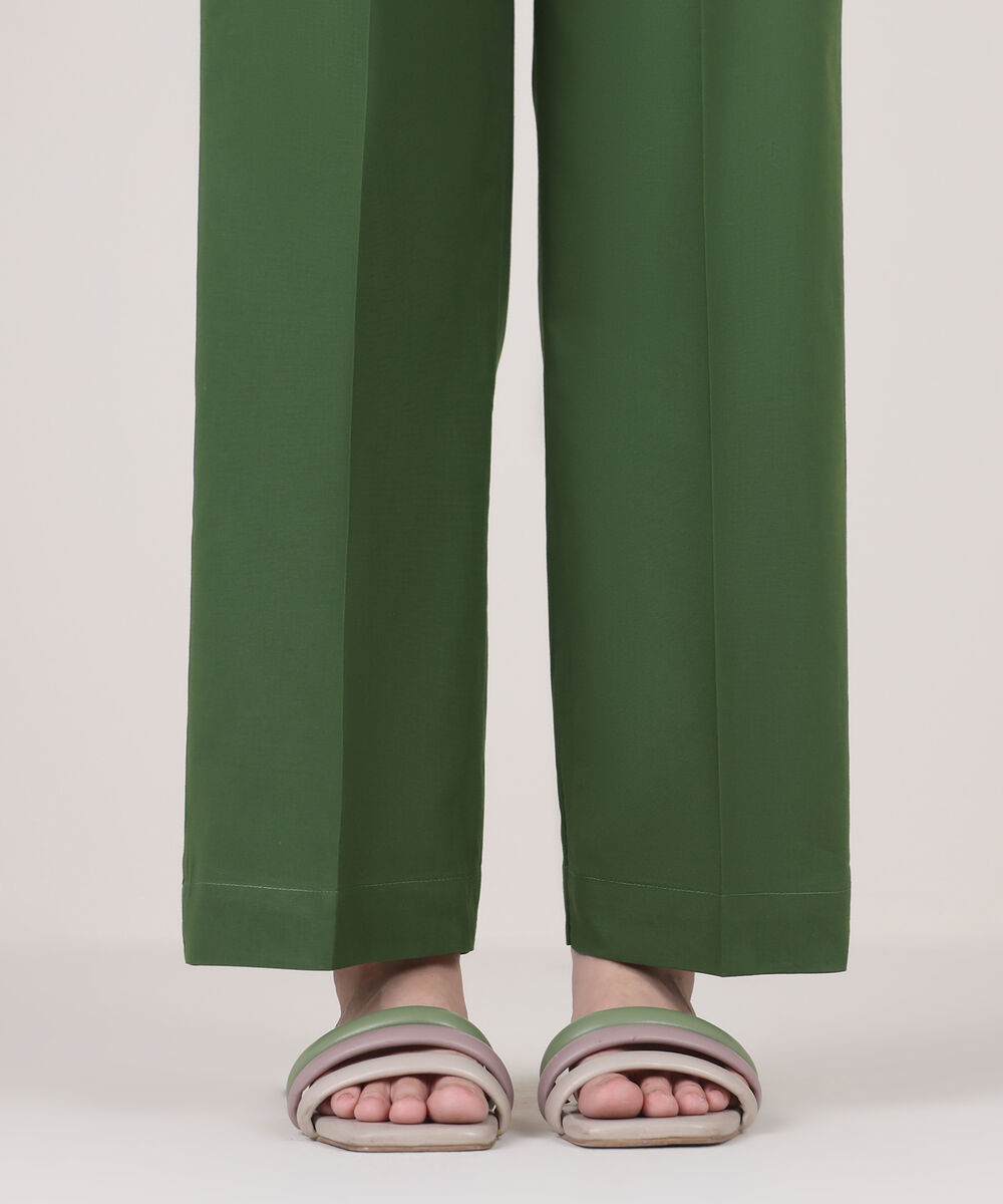 Women's RTW Cambric Green Solid Straight Pants