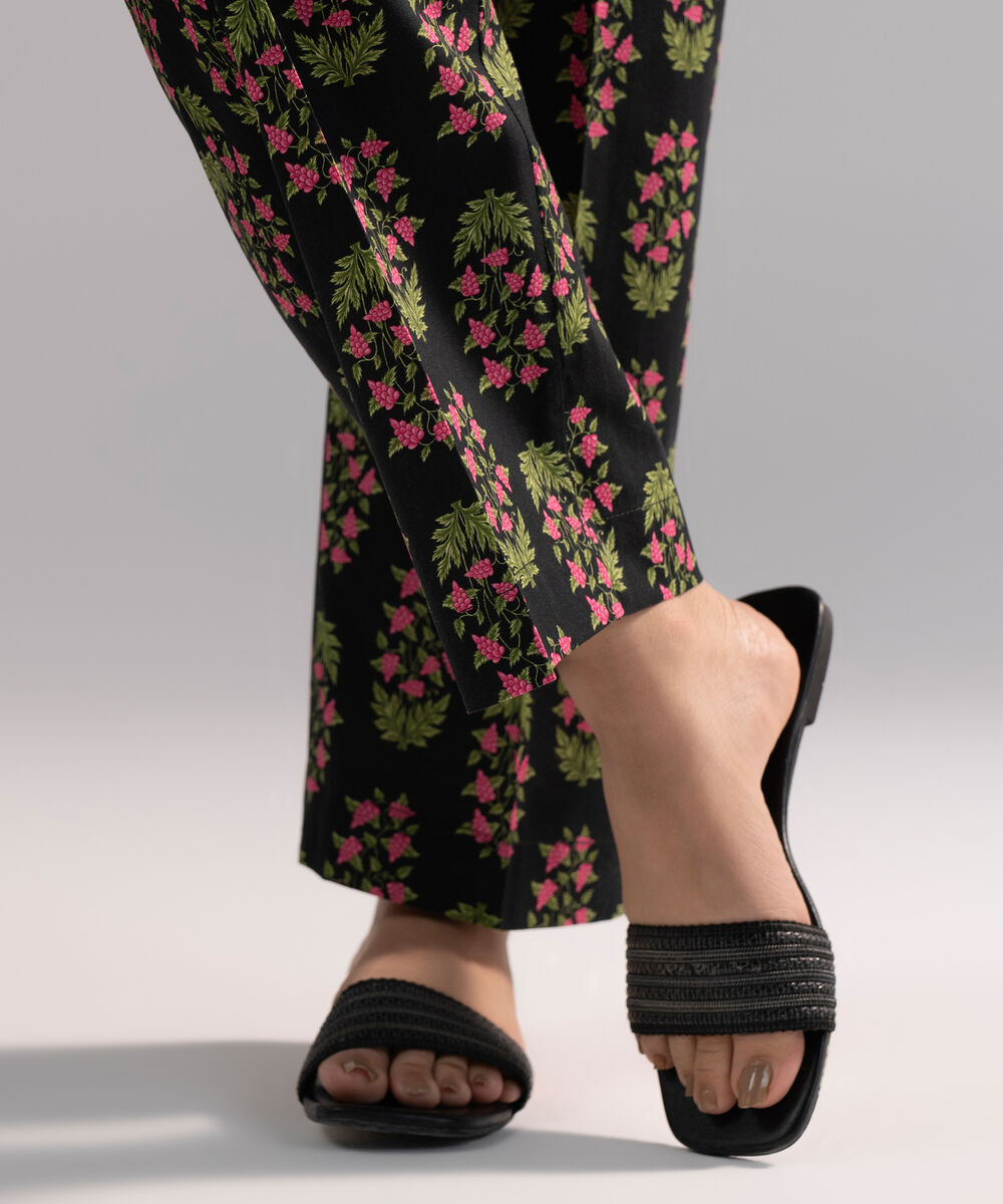 Women's RTW Cambric Printed Black Straight Pants