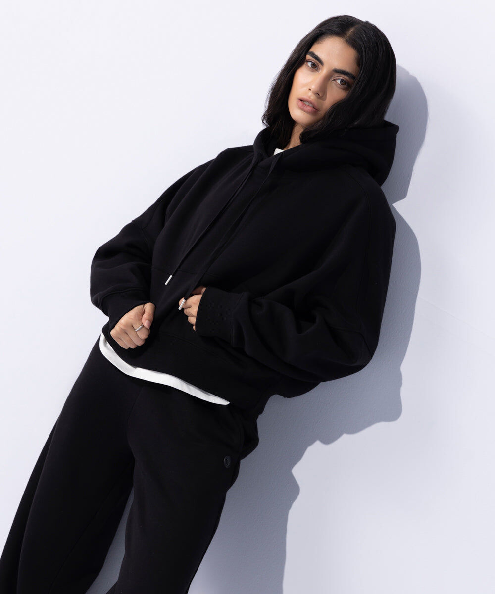 Woman - Black Fleece Hoodie with Waist Panel