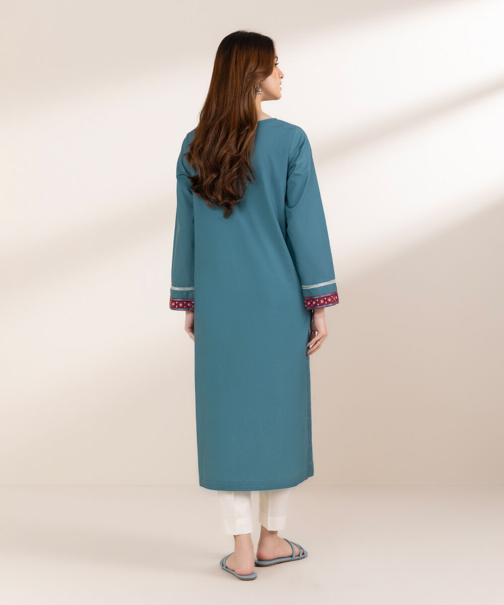 Women's Pret Cambric Green Embroidered Front Open Jacket