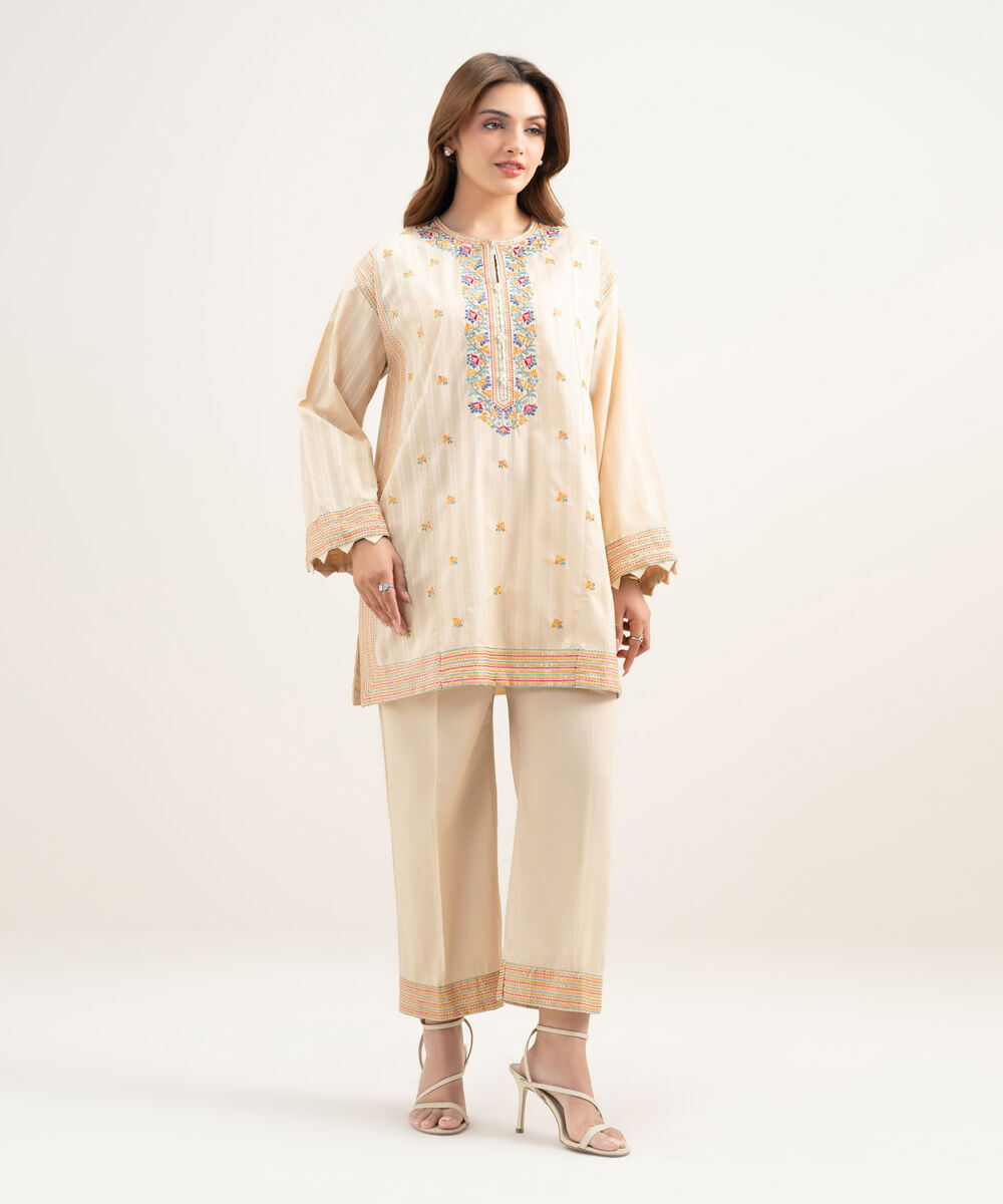Women's RTW Dobby Embroidered Beige 2 Piece Suit
