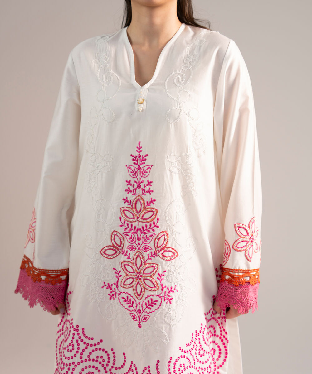 Women's RTW Cotton Satin Embroidered White 2 Piece Suit