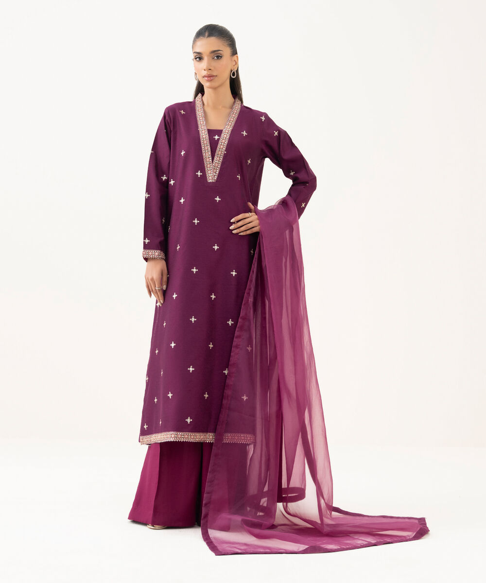 Women's RTW Blended Silk Cotton Net Embroidered Purple Three Piece Suit