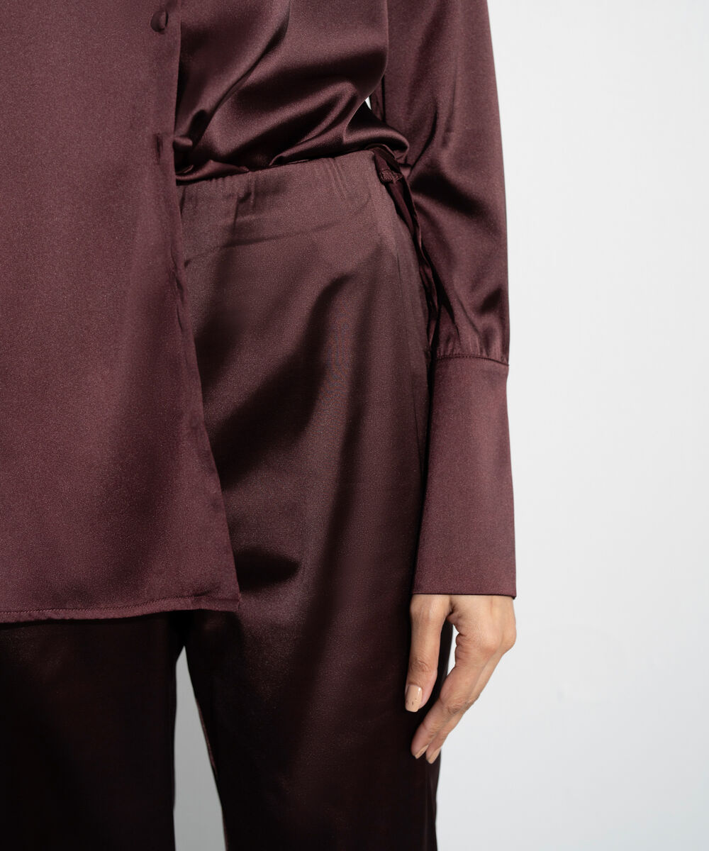 Women's Western Maroon Wide Leg Satin Trousers