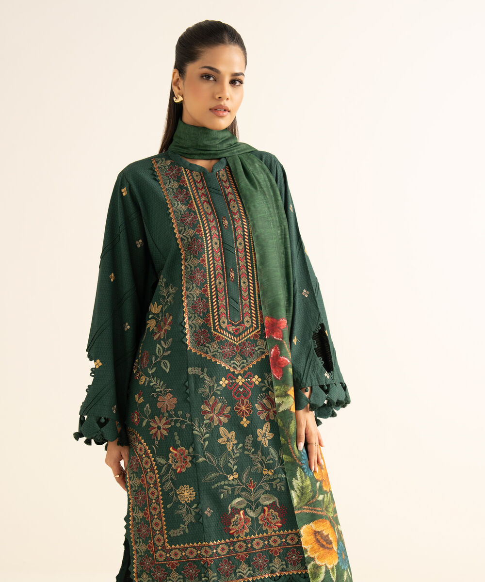 Women's Unstitched Dobby Embroidered Green 3 Piece Suit