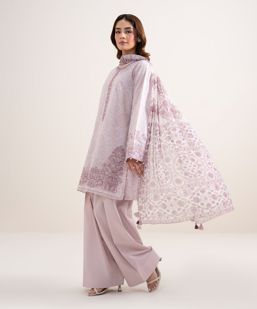 Women's Unstitched Lawn Embroidered Pink 3 Piece Suit