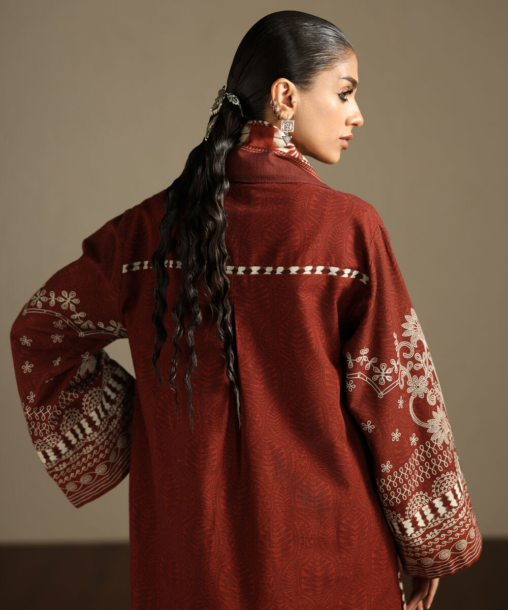 Women's Unstitched Light Khaddar Printed Red  3 Piece Suit