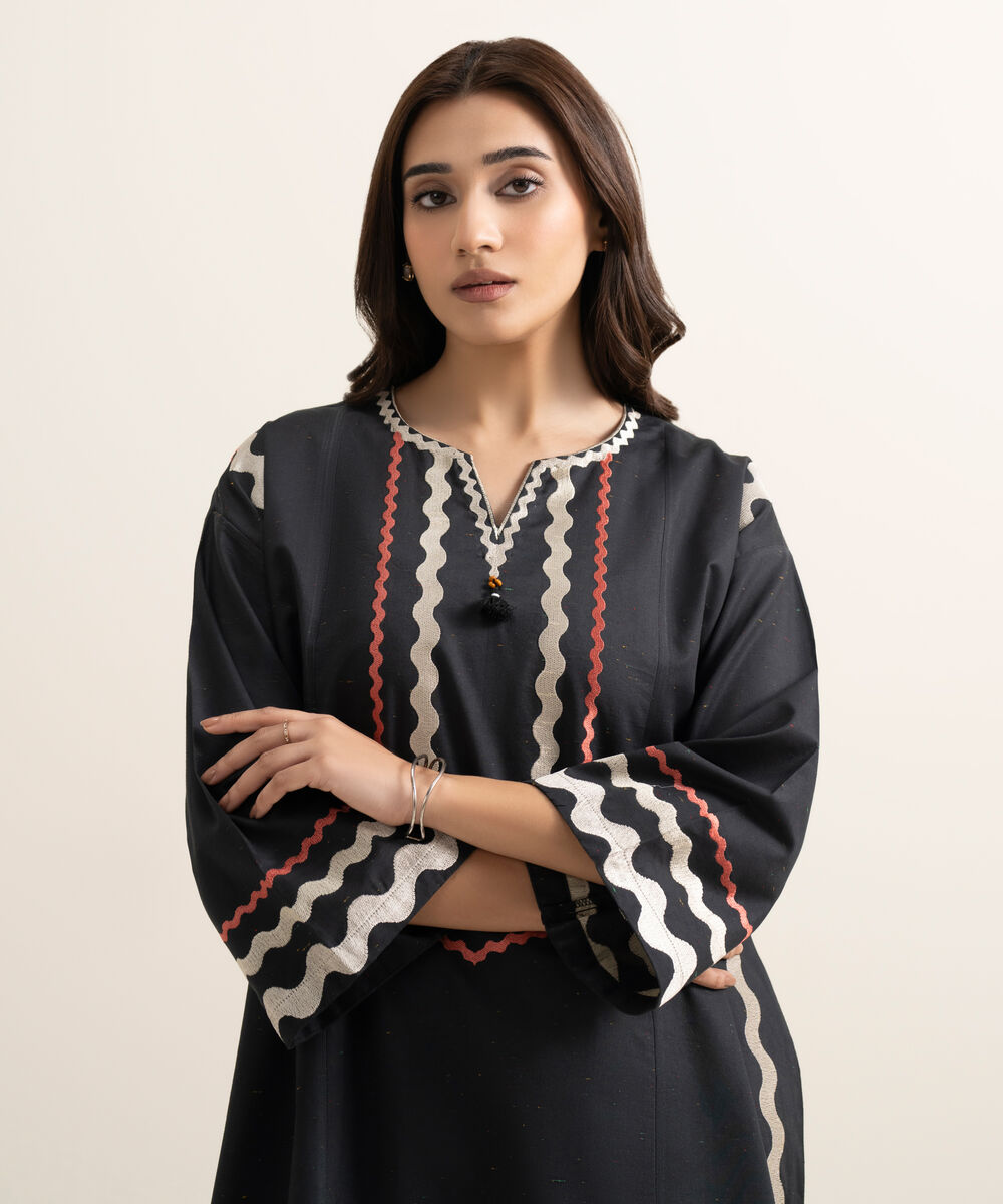 Women's RTW Multi Neps Embroidered Black Drop Shoulder Shirt