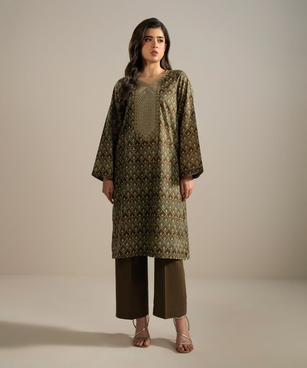 Women's RTW Slub Lawn Embroidered Green Straight Shirt