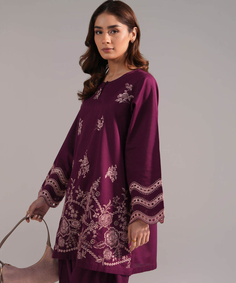 Women's RTW Crosshatch Embroidered Purple Straight Shirt