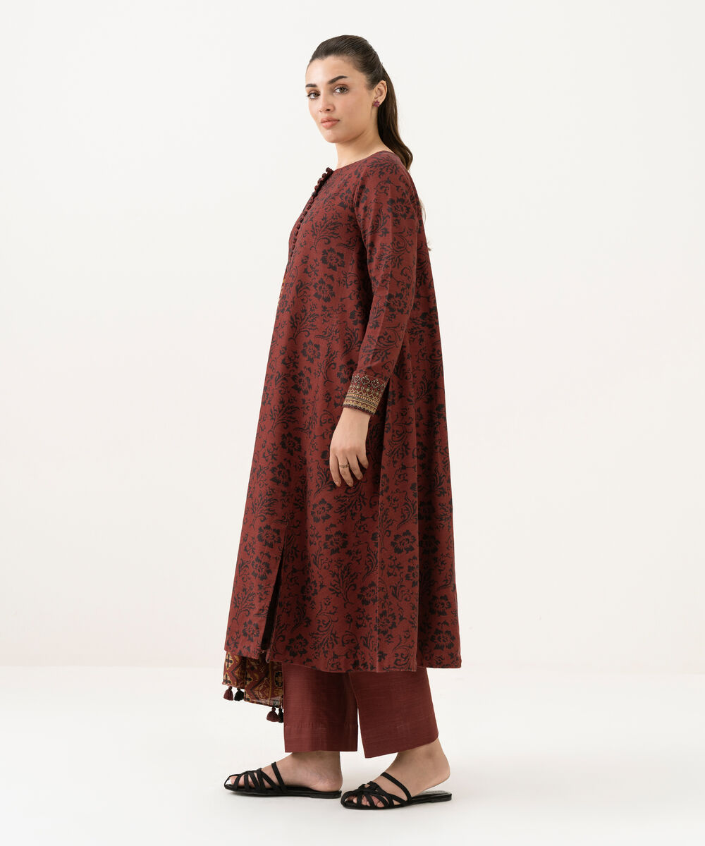 Women's Unstitched Khaddar Printed Red 3 Piece Suit