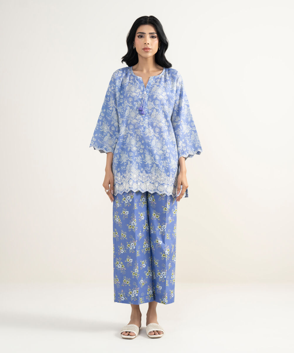 Women's RTW Dobby Embroidered Blue Straight Shirt