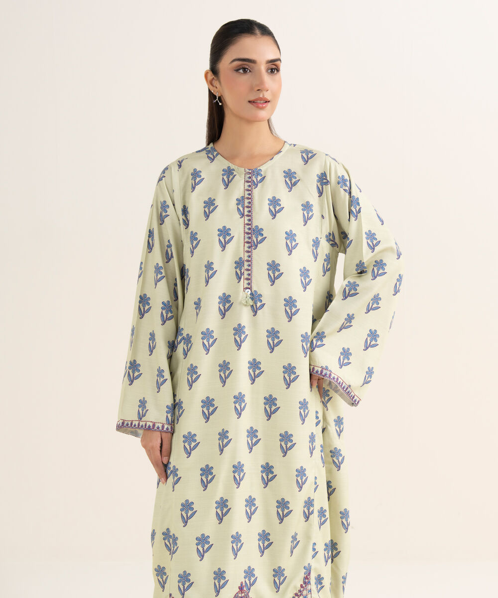 Women's RTW Cotton Embroidered Mint Green A-Line Shirt