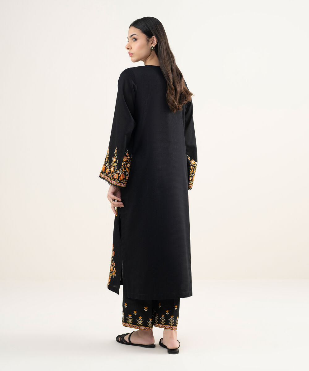 Women's RTW Dobby Embroidered Black A-Line Shirt