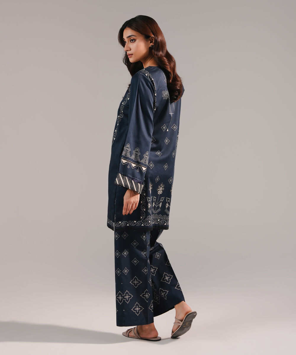 Women's RTW Cotton Satin Printed Dark Blue Straight Shirt