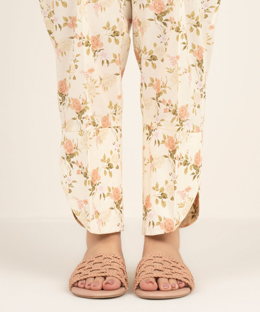 Women's RTW Cambric Printed Off White Straight Pants