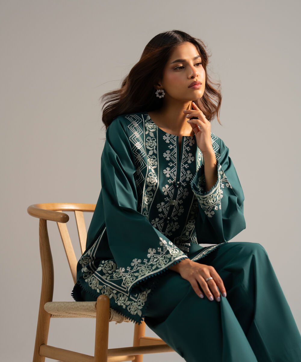 Women's RTW Lawn Embroidered Dark Green Straight Shirt