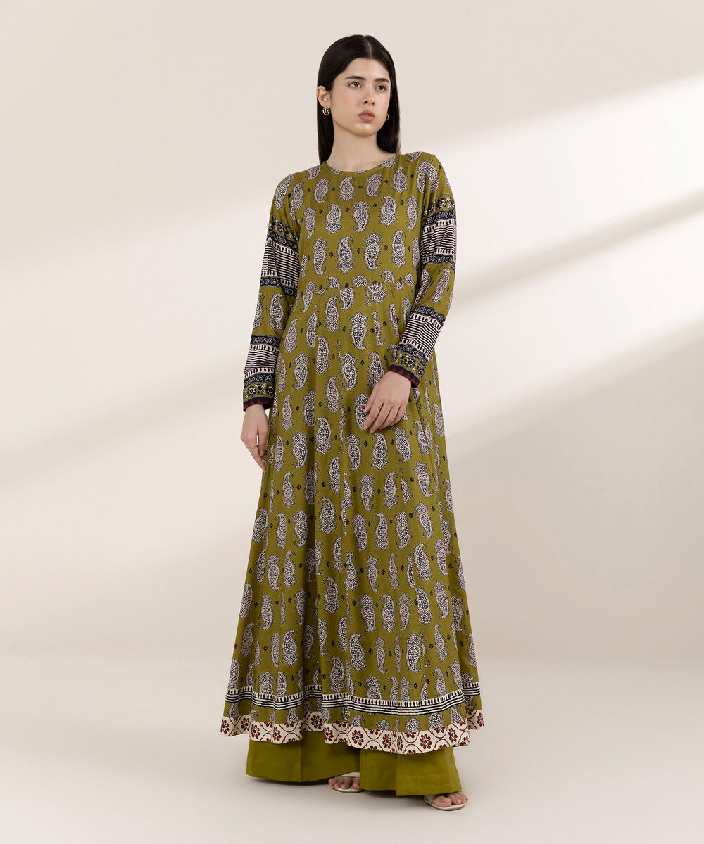 Women's RTW Arabic Lawn Green Printed Peshwas