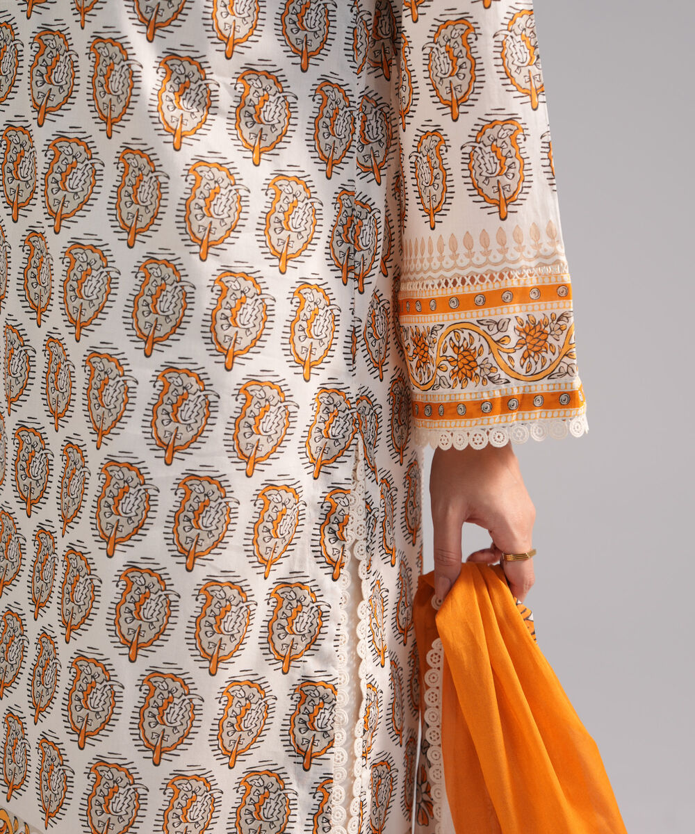 Women's RTW Lawn Printed Off White 3 Piece Suit