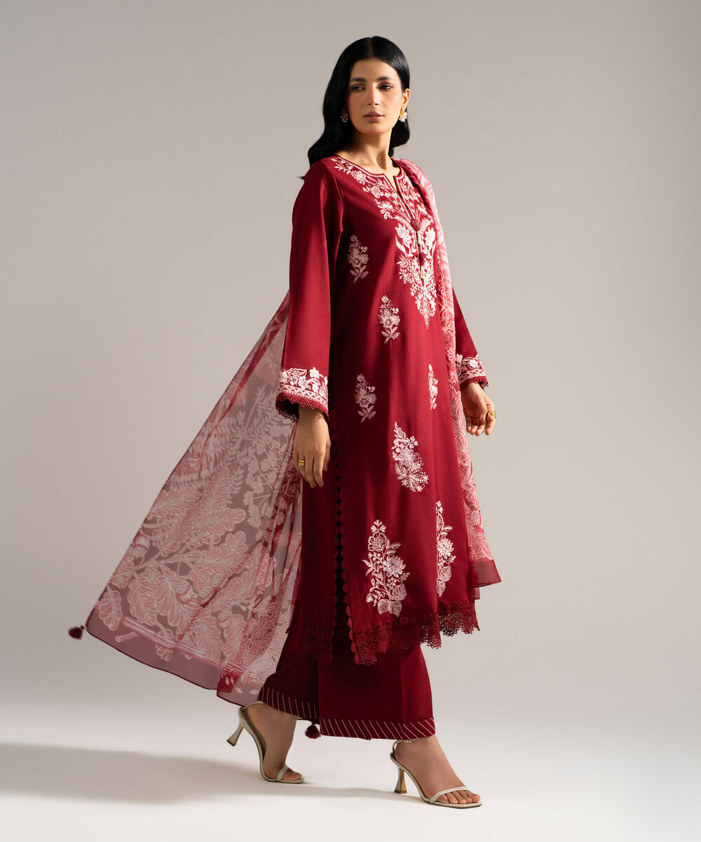 Women's RTW Dobby Crepe Embroidered Red 3 Piece Suit