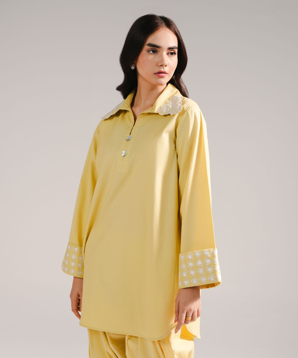Women's RTW Seersucker Embroidered Yellow Straight Shirt