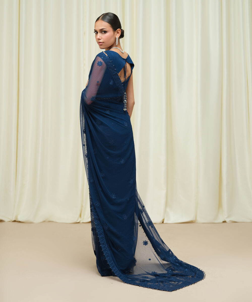 Women's Unstitched Embroidered Net Blue Saree