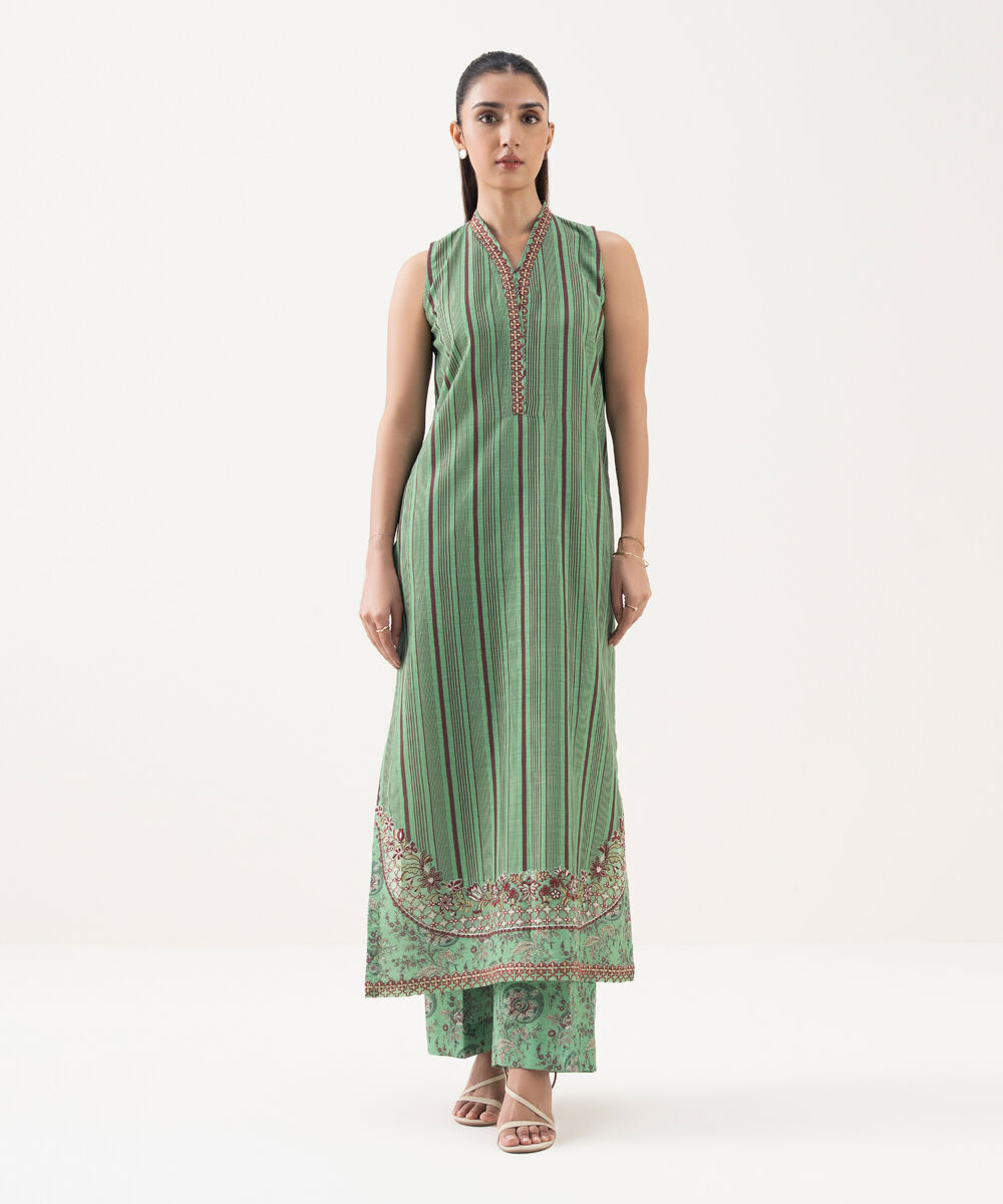 Women's Unstitched Light Khaddar Embroidered Green 2 Piece Suit