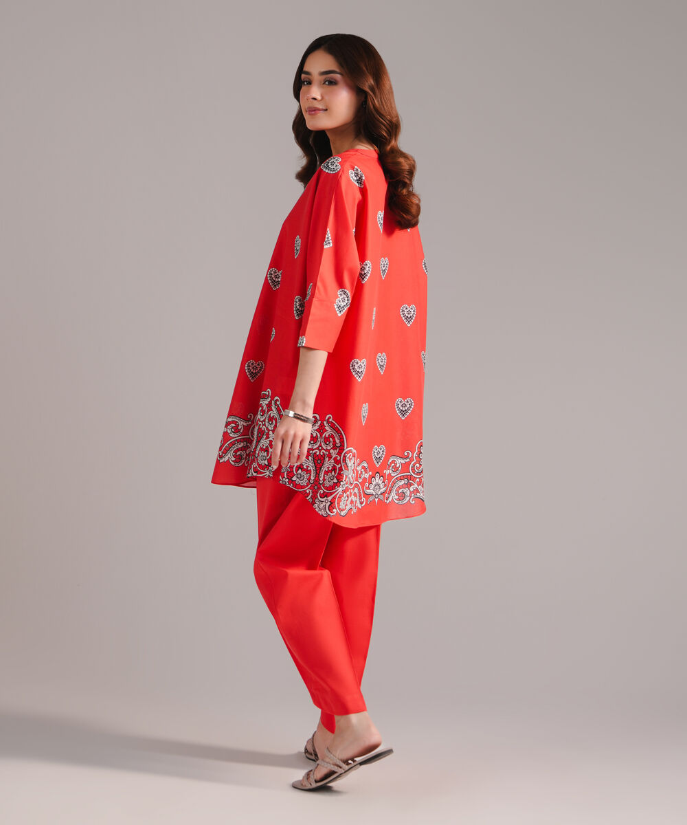 Women's RTW Lawn Printed Red Drop Shoulder Shirt