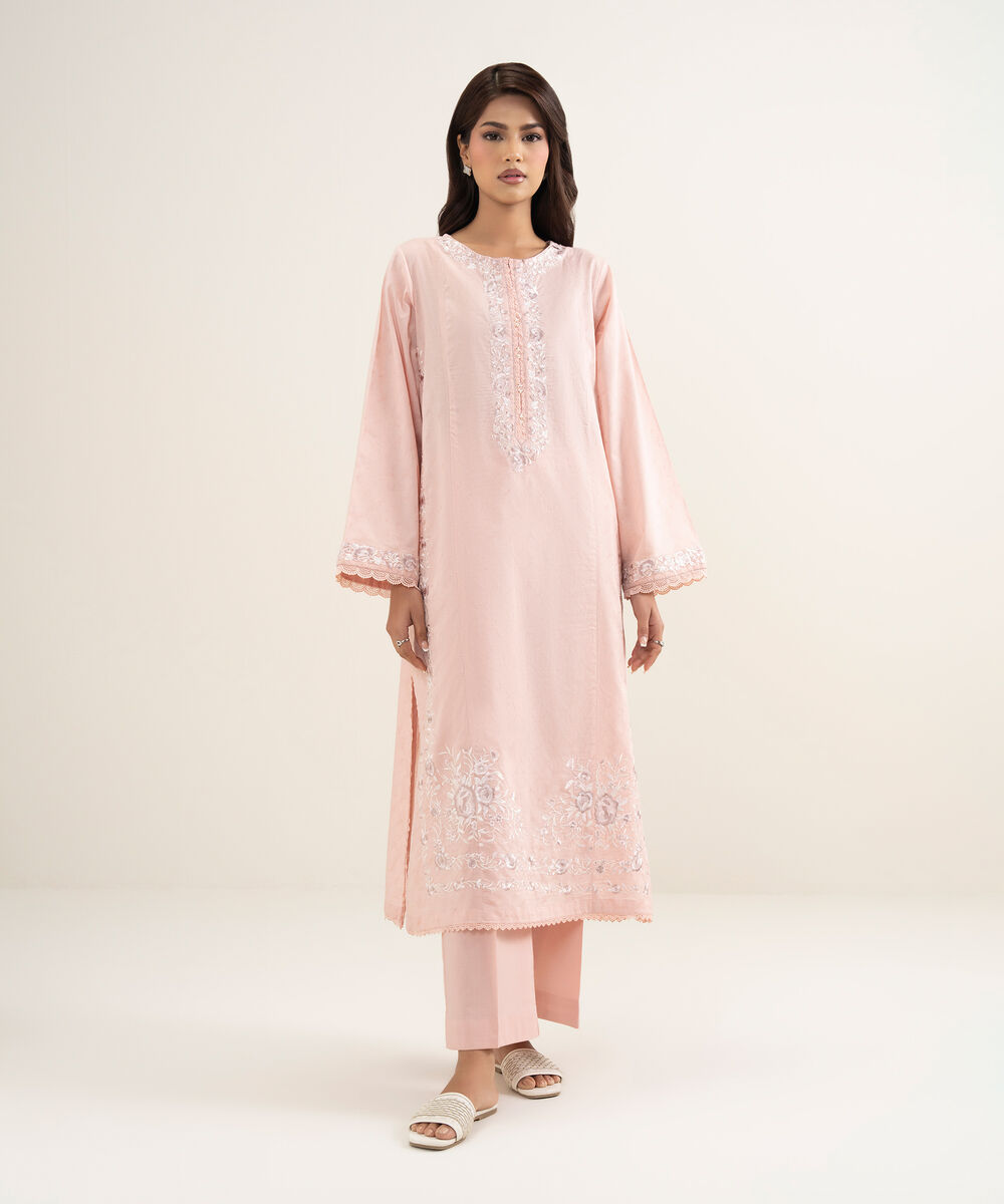 Women's RTW Self Jacquard Embroidered Pink A-Line Shirt