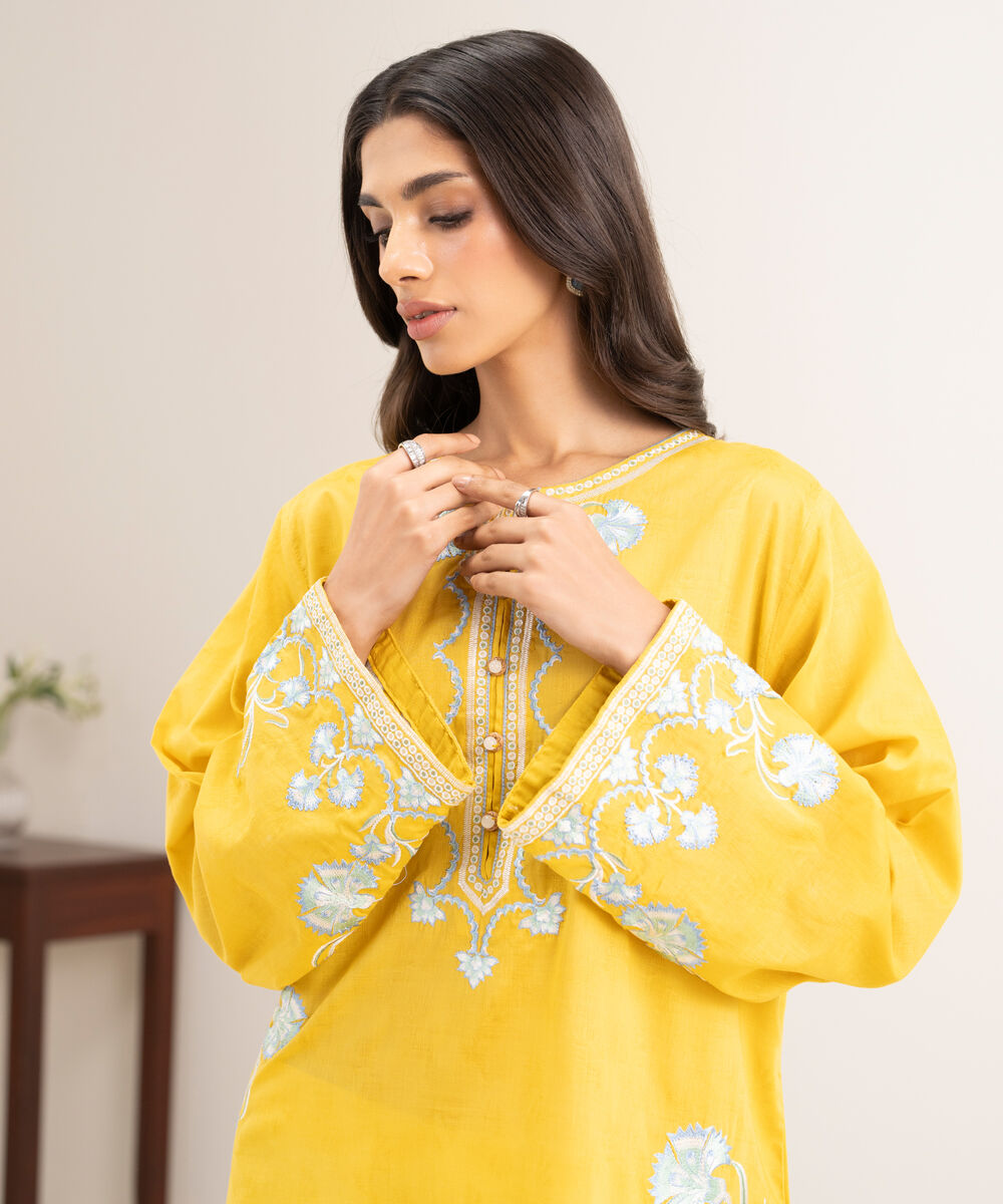 Women's RTW Self Jacquard Embroidered Yellow Straight Shirt