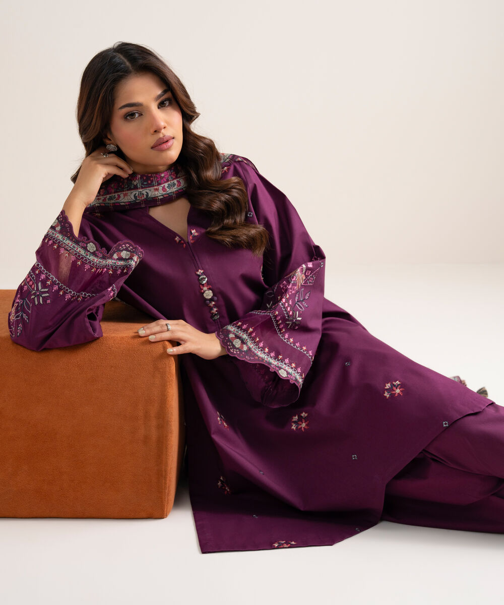 Women's Unstitched Embroidered Cotton Purple 3 Piece Suit
