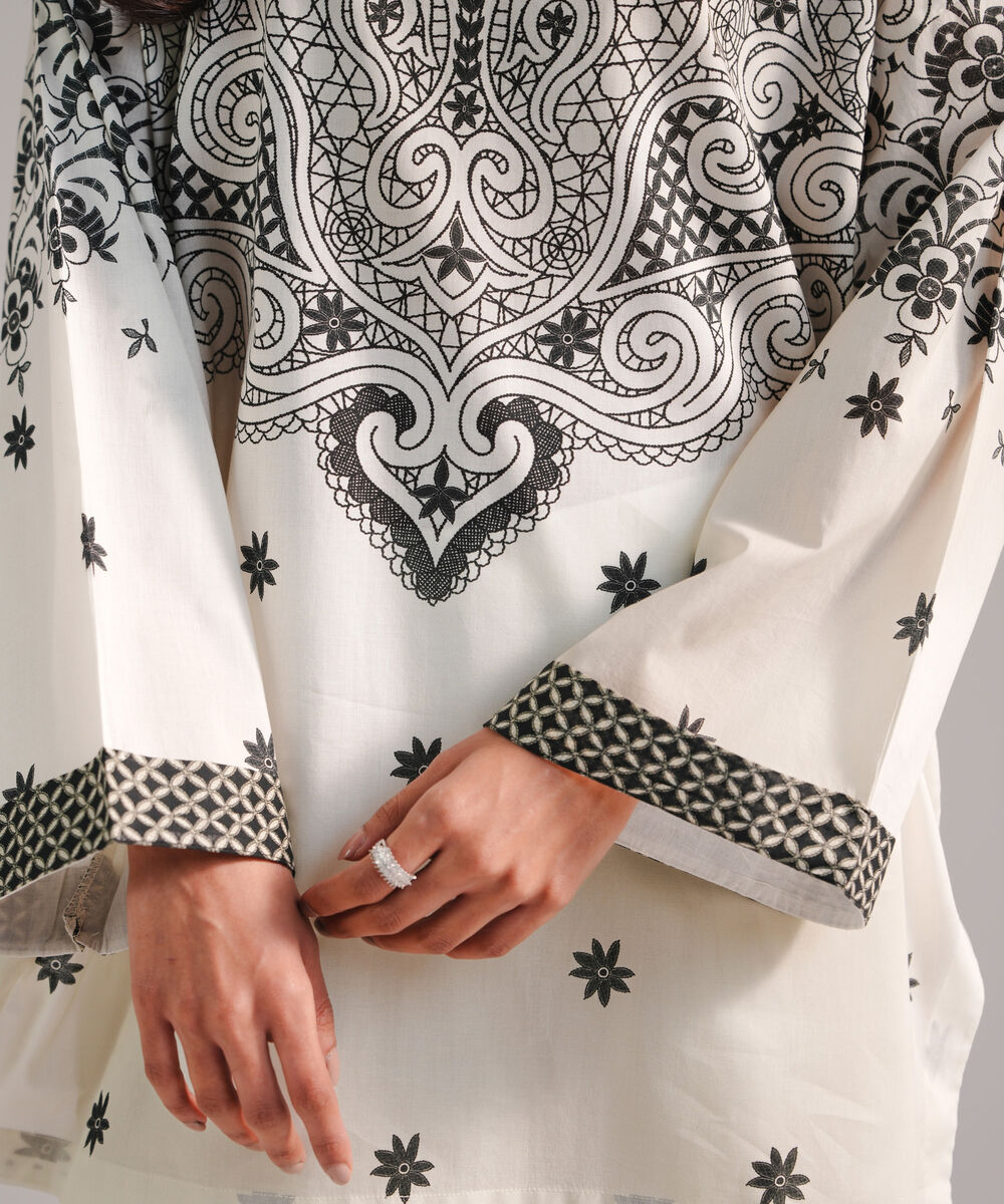 Women's RTW Lawn Printed Off White Drop Shoulder Shirt